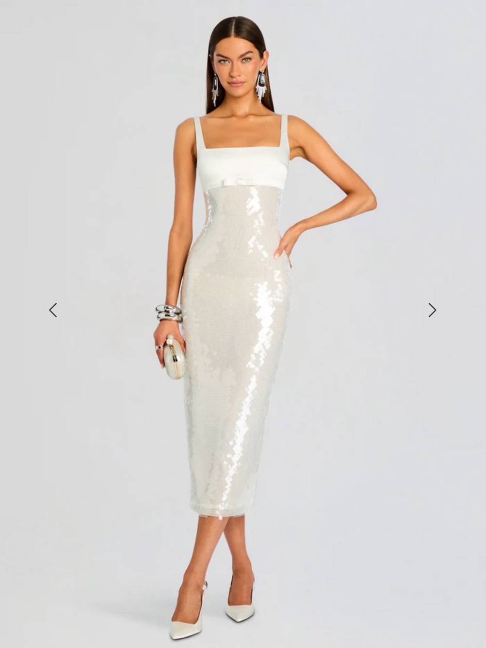 Retrofete Ivory Sequin Midi Dress with Square Neck